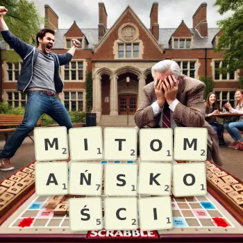 Kreatywna ilustracja do gry w Scrabble ze słowem MITOMAŃSKOŚCI ułożonym z płytek na planszy.