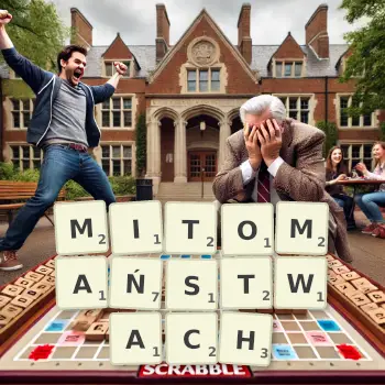 Kreatywna ilustracja do gry w Scrabble ze słowem MITOMAŃSTWACH ułożonym z płytek na planszy.