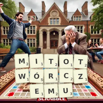 Kreatywna ilustracja do gry w Scrabble ze słowem MITOTWÓRCZEMU ułożonym z płytek na planszy.