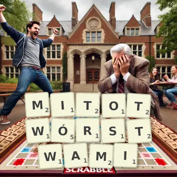 Kreatywna ilustracja do gry w Scrabble ze słowem MITOTWÓRSTWAMI ułożonym z płytek na planszy.