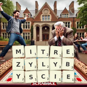 Kreatywna ilustracja do gry w Scrabble ze słowem MITREZYLYBYSCIE ułożonym z płytek na planszy.