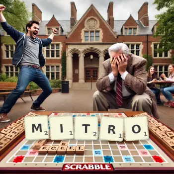 Kreatywna ilustracja do gry w Scrabble ze słowem MITRO ułożonym z płytek na planszy.