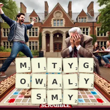 Kreatywna ilustracja do gry w Scrabble ze słowem MITYGOWALYSMY ułożonym z płytek na planszy.