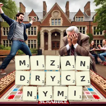 Kreatywna ilustracja do gry w Scrabble ze słowem MIZANDRYCZNYMI ułożonym z płytek na planszy.