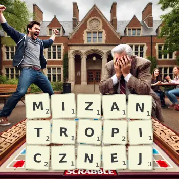 Kreatywna ilustracja do gry w Scrabble ze słowem MIZANTROPICZNEJ ułożonym z płytek na planszy.