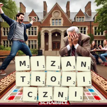Kreatywna ilustracja do gry w Scrabble ze słowem MIZANTROPICZNI ułożonym z płytek na planszy.