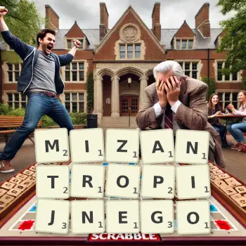 Kreatywna ilustracja do gry w Scrabble ze słowem MIZANTROPIJNEGO ułożonym z płytek na planszy.