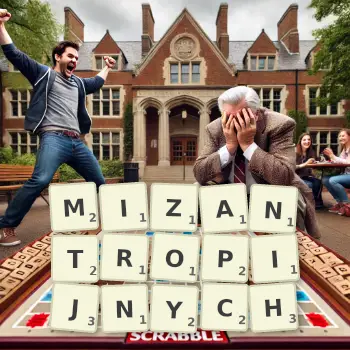 Kreatywna ilustracja do gry w Scrabble ze słowem MIZANTROPIJNYCH ułożonym z płytek na planszy.