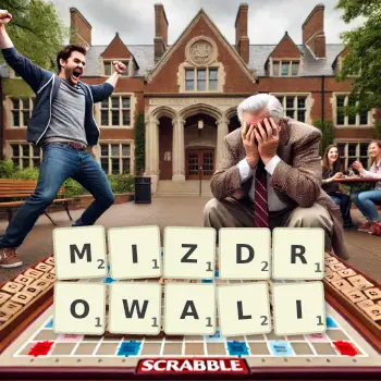 Kreatywna ilustracja do gry w Scrabble ze słowem MIZDROWALI ułożonym z płytek na planszy.