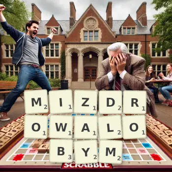 Kreatywna ilustracja do gry w Scrabble ze słowem MIZDROWALOBYM ułożonym z płytek na planszy.