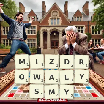 Kreatywna ilustracja do gry w Scrabble ze słowem MIZDROWALYSMY ułożonym z płytek na planszy.