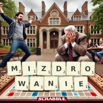 Kreatywna ilustracja do gry w Scrabble ze słowem MIZDROWANIE ułożonym z płytek na planszy.