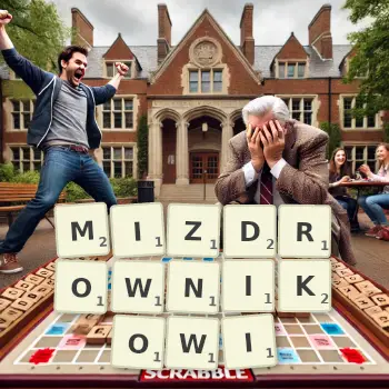 Kreatywna ilustracja do gry w Scrabble ze słowem MIZDROWNIKOWI ułożonym z płytek na planszy.