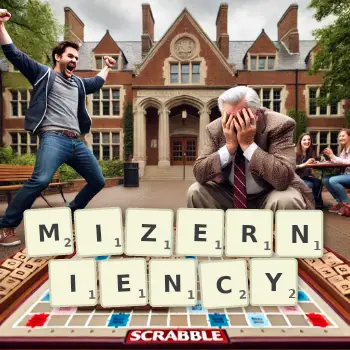 Kreatywna ilustracja do gry w Scrabble ze słowem MIZERNIENCY ułożonym z płytek na planszy.
