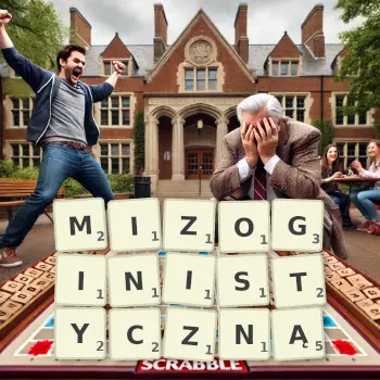 Kreatywna ilustracja do gry w Scrabble ze słowem MIZOGINISTYCZNĄ ułożonym z płytek na planszy.