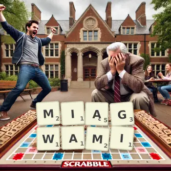 Kreatywna ilustracja do gry w Scrabble ze słowem MIĄGWAMI ułożonym z płytek na planszy.