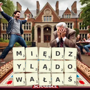 Kreatywna ilustracja do gry w Scrabble ze słowem MIĘDZYLĄDOWAŁAŚ ułożonym z płytek na planszy.
