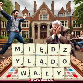 Kreatywna ilustracja do gry w Scrabble ze słowem MIĘDZYLĄDOWAŁY ułożonym z płytek na planszy.