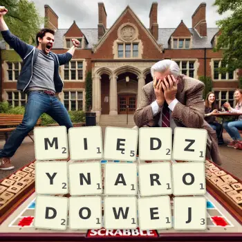 Kreatywna ilustracja do gry w Scrabble ze słowem MIĘDZYNARODOWEJ ułożonym z płytek na planszy.