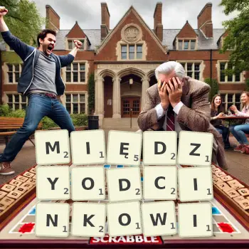 Kreatywna ilustracja do gry w Scrabble ze słowem MIĘDZYODCINKOWI ułożonym z płytek na planszy.