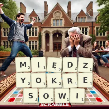 Kreatywna ilustracja do gry w Scrabble ze słowem MIĘDZYOKRESOWI ułożonym z płytek na planszy.
