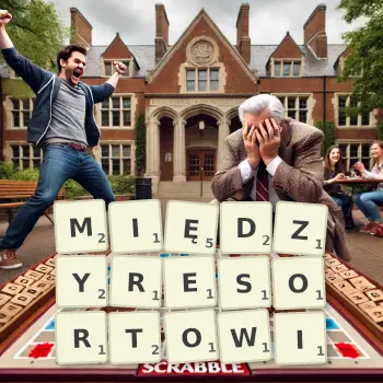 Kreatywna ilustracja do gry w Scrabble ze słowem MIĘDZYRESORTOWI ułożonym z płytek na planszy.