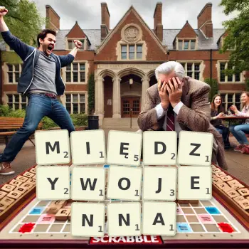 Kreatywna ilustracja do gry w Scrabble ze słowem MIĘDZYWOJENNA ułożonym z płytek na planszy.