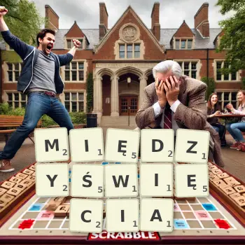 Kreatywna ilustracja do gry w Scrabble ze słowem MIĘDZYŚWIĘCIA ułożonym z płytek na planszy.