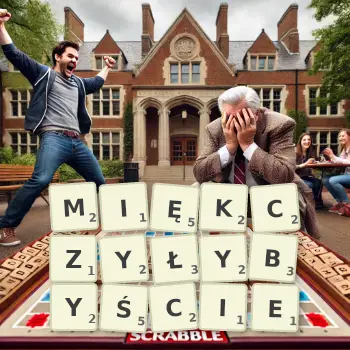 Kreatywna ilustracja do gry w Scrabble ze słowem MIĘKCZYŁYBYŚCIE ułożonym z płytek na planszy.