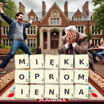 Kreatywna ilustracja do gry w Scrabble ze słowem MIĘKKOPROMIENNA ułożonym z płytek na planszy.