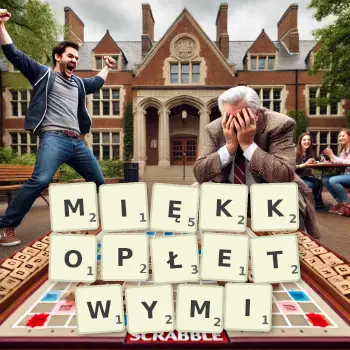 Kreatywna ilustracja do gry w Scrabble ze słowem MIĘKKOPŁETWYMI ułożonym z płytek na planszy.