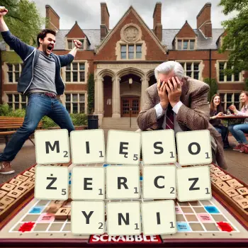 Kreatywna ilustracja do gry w Scrabble ze słowem MIĘSOŻERCZYNI ułożonym z płytek na planszy.