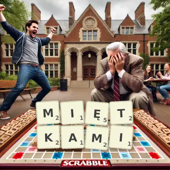 Kreatywna ilustracja do gry w Scrabble ze słowem MIĘTKAMI ułożonym z płytek na planszy.