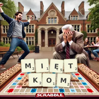 Kreatywna ilustracja do gry w Scrabble ze słowem MIĘTKOM ułożonym z płytek na planszy.