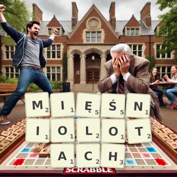 Kreatywna ilustracja do gry w Scrabble ze słowem MIĘŚNIOLOTACH ułożonym z płytek na planszy.