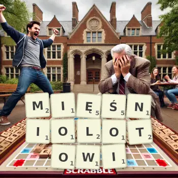 Kreatywna ilustracja do gry w Scrabble ze słowem MIĘŚNIOLOTOWI ułożonym z płytek na planszy.