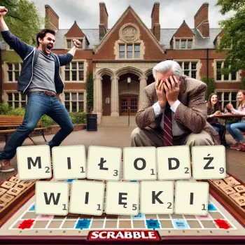 Kreatywna ilustracja do gry w Scrabble ze słowem MIŁODŹWIĘKI ułożonym z płytek na planszy.