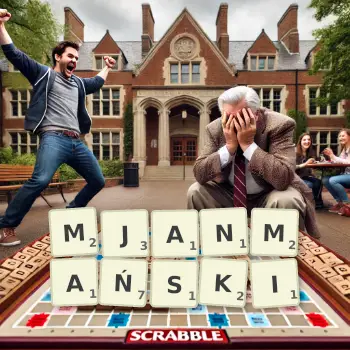 Kreatywna ilustracja do gry w Scrabble ze słowem MJANMAŃSKI ułożonym z płytek na planszy.