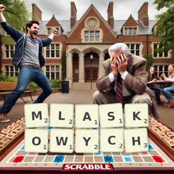 Kreatywna ilustracja do gry w Scrabble ze słowem MLASKOWYCH ułożonym z płytek na planszy.
