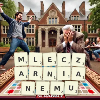 Kreatywna ilustracja do gry w Scrabble ze słowem MLECZARNIANEMU ułożonym z płytek na planszy.