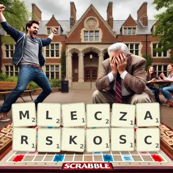 Kreatywna ilustracja do gry w Scrabble ze słowem MLECZARSKOSC ułożonym z płytek na planszy.