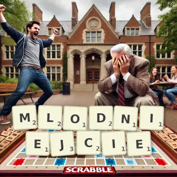 Kreatywna ilustracja do gry w Scrabble ze słowem MLODNIEJCIE ułożonym z płytek na planszy.