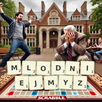 Kreatywna ilustracja do gry w Scrabble ze słowem MLODNIEJMYZ ułożonym z płytek na planszy.