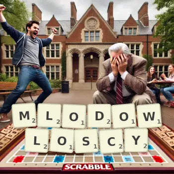 Kreatywna ilustracja do gry w Scrabble ze słowem MLODOWLOSCY ułożonym z płytek na planszy.