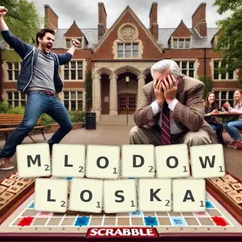 Kreatywna ilustracja do gry w Scrabble ze słowem MLODOWLOSKA ułożonym z płytek na planszy.