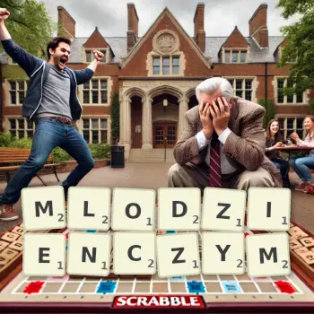 Kreatywna ilustracja do gry w Scrabble ze słowem MLODZIENCZYM ułożonym z płytek na planszy.