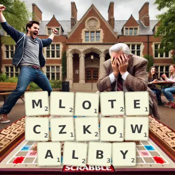 Kreatywna ilustracja do gry w Scrabble ze słowem MLOTECZKOWALBY ułożonym z płytek na planszy.