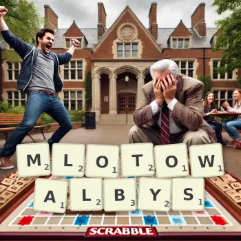 Kreatywna ilustracja do gry w Scrabble ze słowem MLOTOWALBYS ułożonym z płytek na planszy.