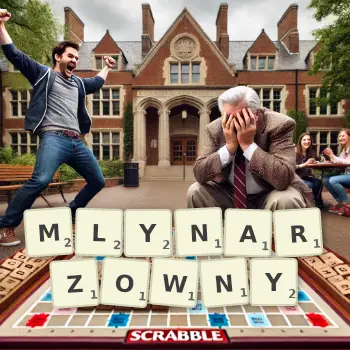 Kreatywna ilustracja do gry w Scrabble ze słowem MLYNARZOWNY ułożonym z płytek na planszy.