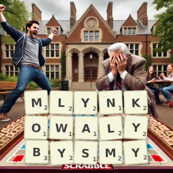 Kreatywna ilustracja do gry w Scrabble ze słowem MLYNKOWALYBYSMY ułożonym z płytek na planszy.
